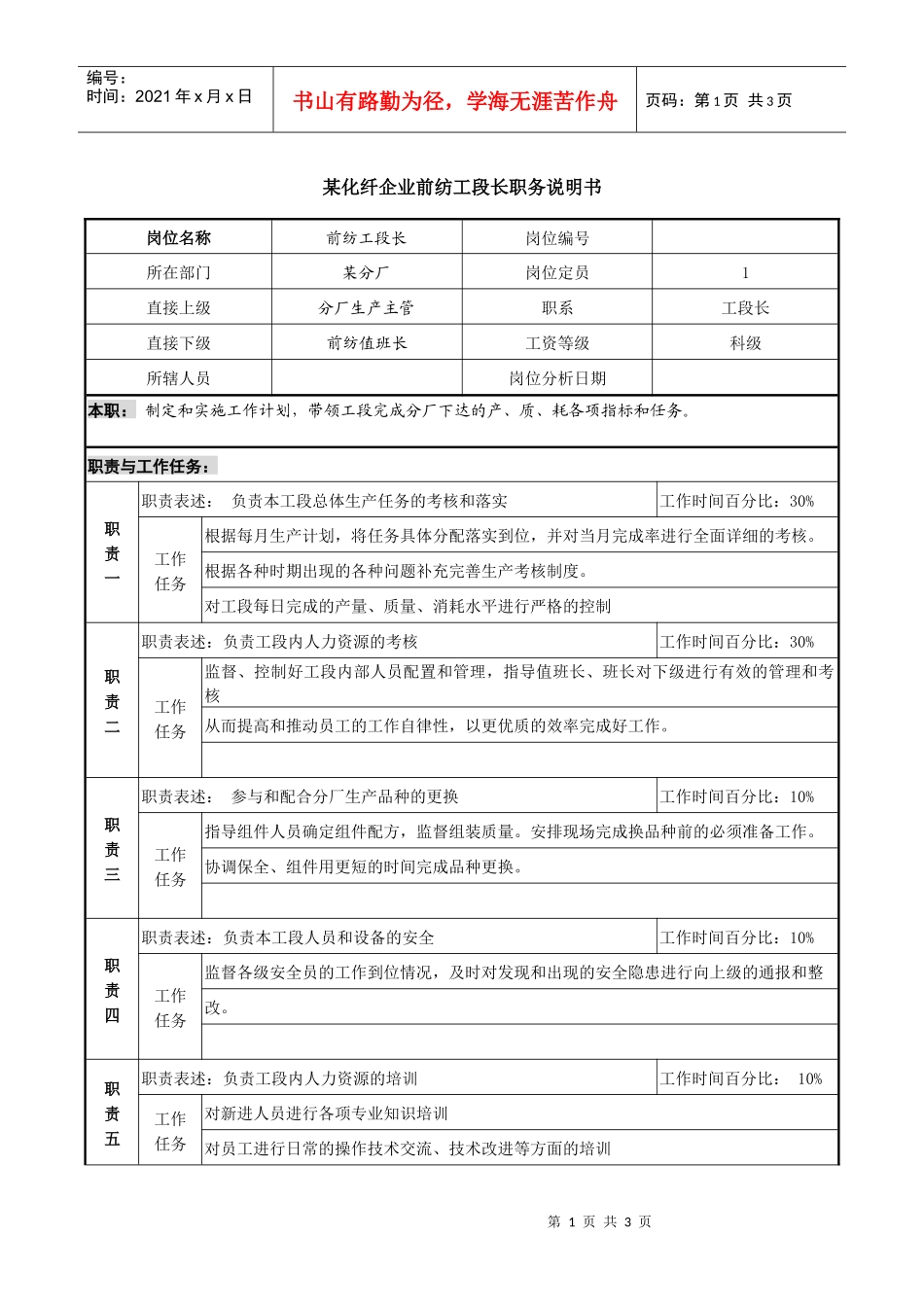 某化纤企业前纺工段长职务说明书_第1页