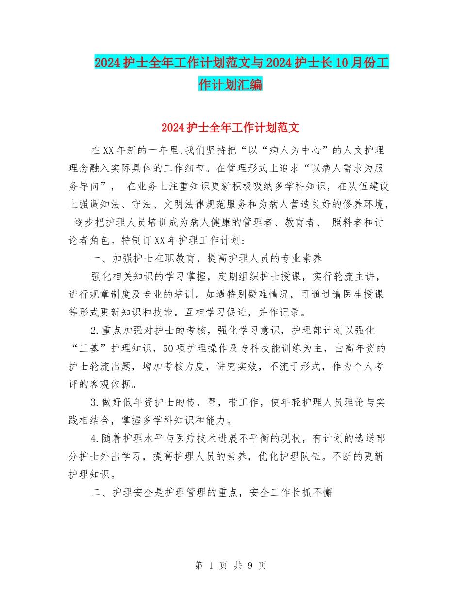 2024护士全年工作计划范文与2024护士长10月份工作计划汇编_第1页