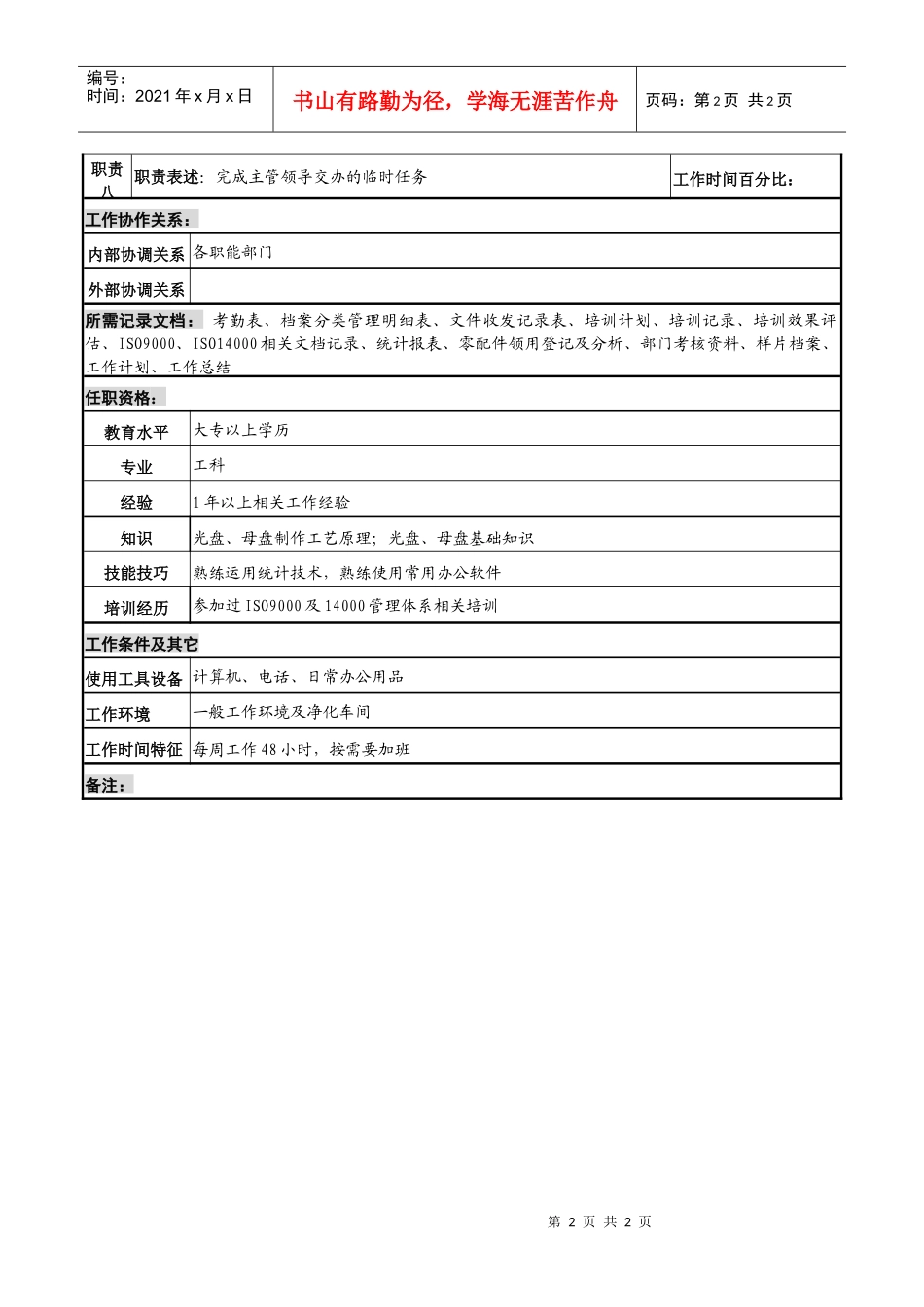 某知名光电企业技术部内勤岗位说明书_第2页