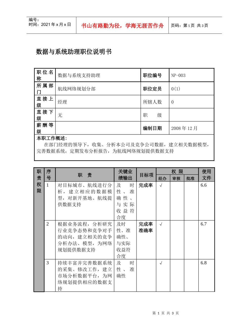物流公司数据与系统助理职位说明书及关键绩效标准_第1页