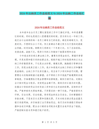 2024年出纳员工作总结范文与2024年出纳工作总结汇编