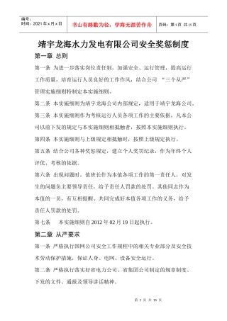 靖宇龙海水力发电有限公司安全奖惩制度