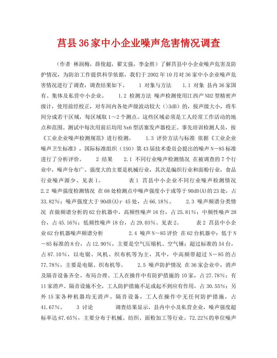 《安全管理职业卫生》之莒县36家中小企业噪声危害情况调查 _第1页