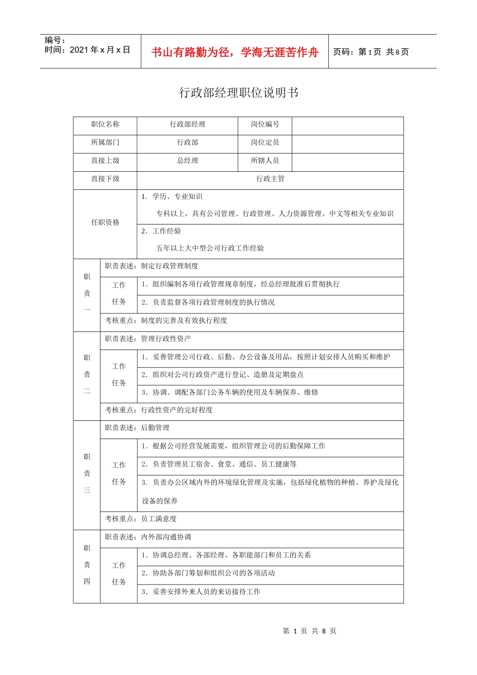行政部经理职位说明书_第1页