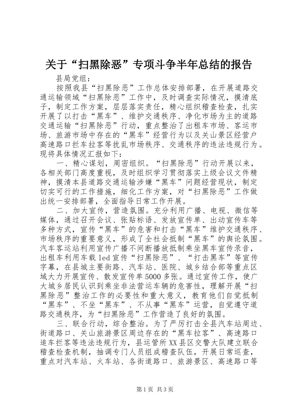 关于“扫黑除恶”专项斗争半年总结的报告_第1页