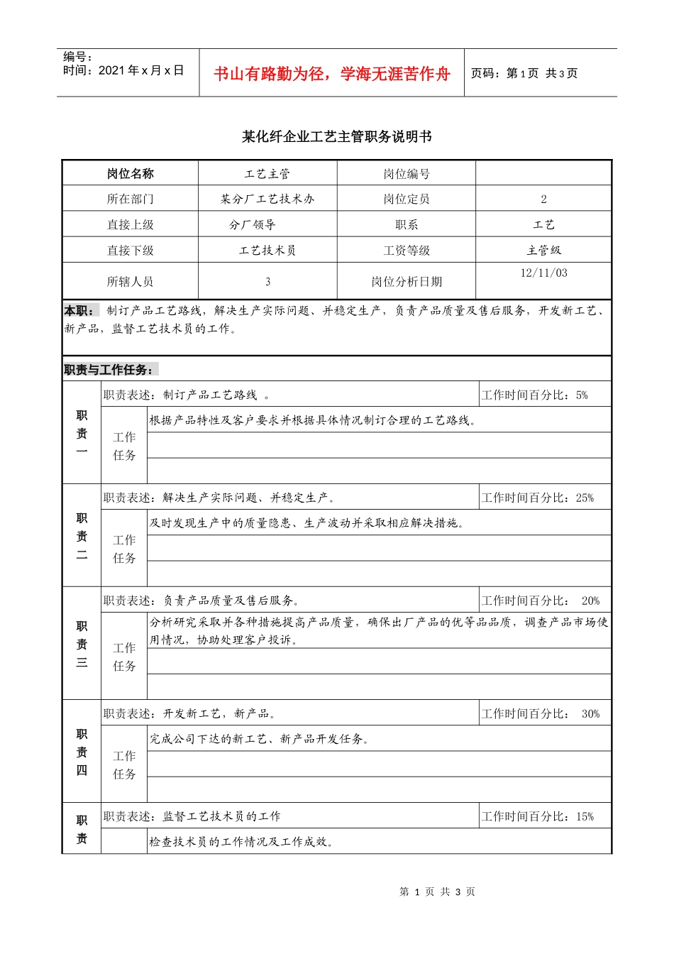 某化纤企业工艺主管职务说明书_第1页