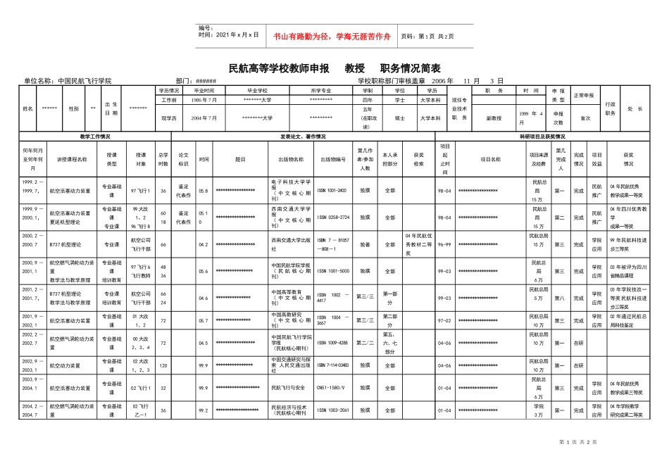 民航高等学校教师申报职务情况简表_第1页