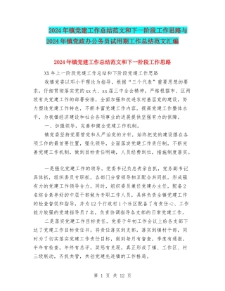 2024年镇党建工作总结范文和下一阶段工作思路与2024年镇党政办公务员试用期工作总结范文汇编