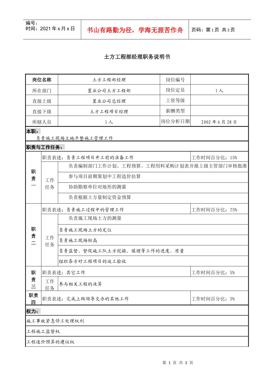 置业公司土方工程部经理职务说明书._第1页