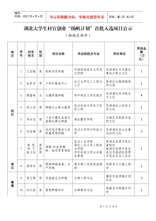 湖北大学生村官创业扬帆计划首批入选项目公示