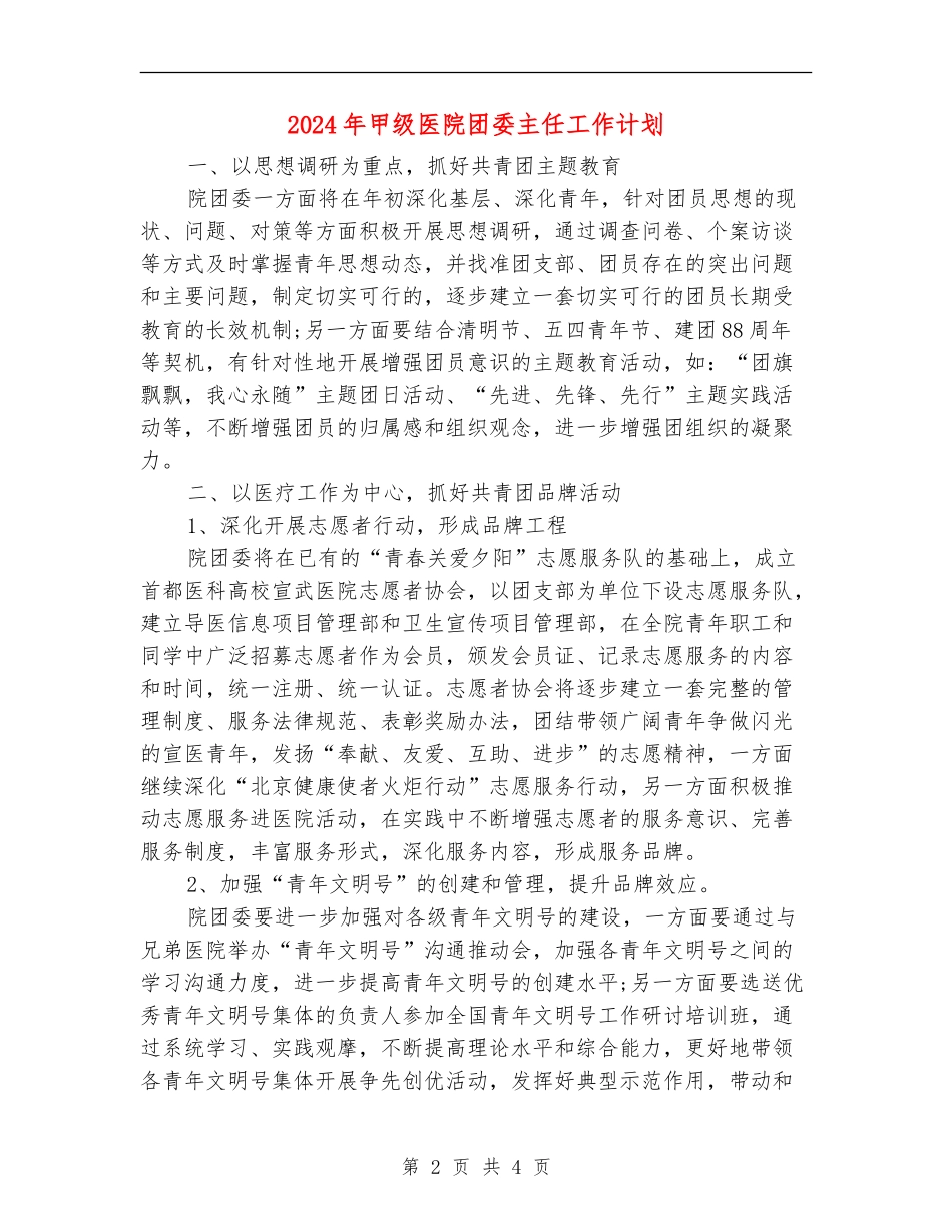 2024年甲级医院团委主任工作计划_第2页