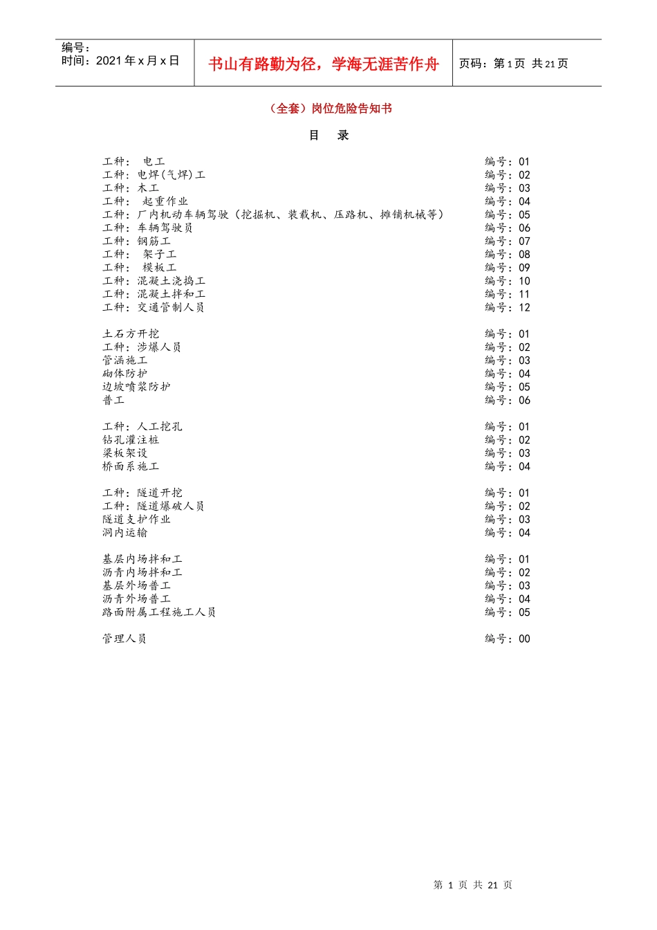 某公司全套岗位危险告知书_第1页