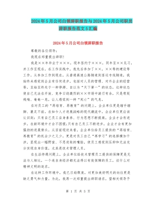 2024年5月公司白领辞职报告与2024年5月公司职员辞职报告范文5汇编