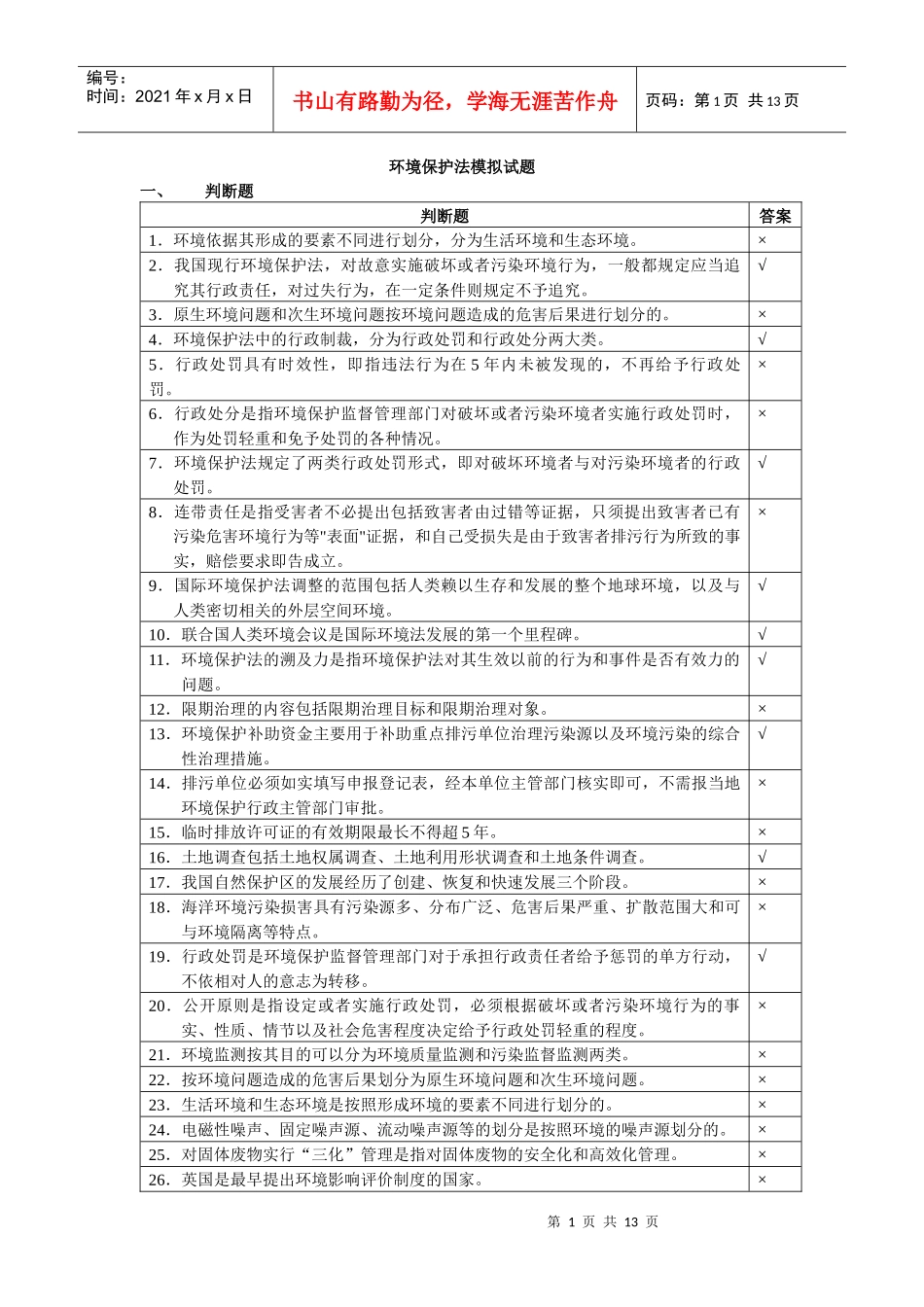 环境保护法模拟试题_第1页