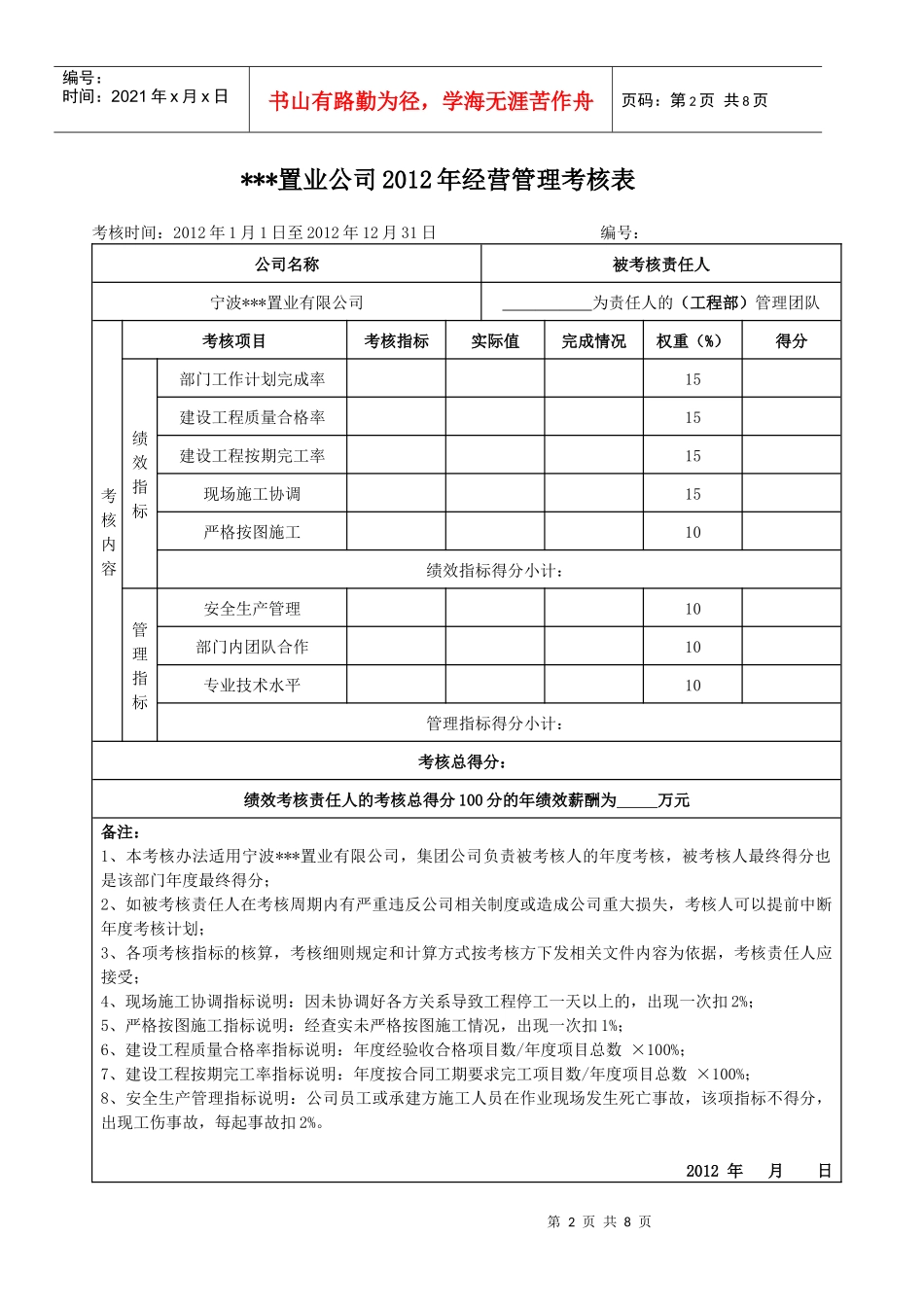某某置业公司XXXX年经营绩效考核表_第2页