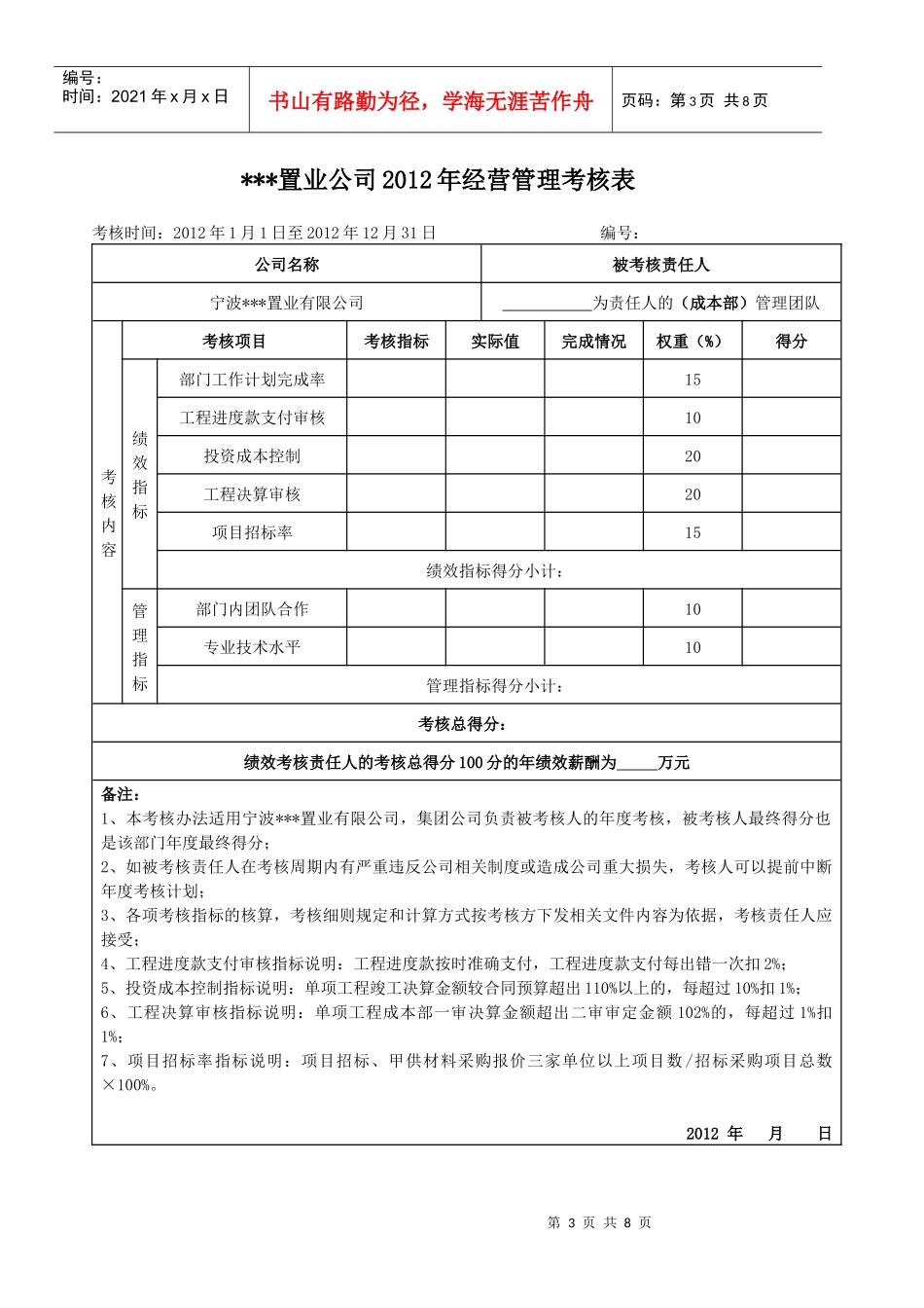 某某置业公司XXXX年经营绩效考核表_第3页