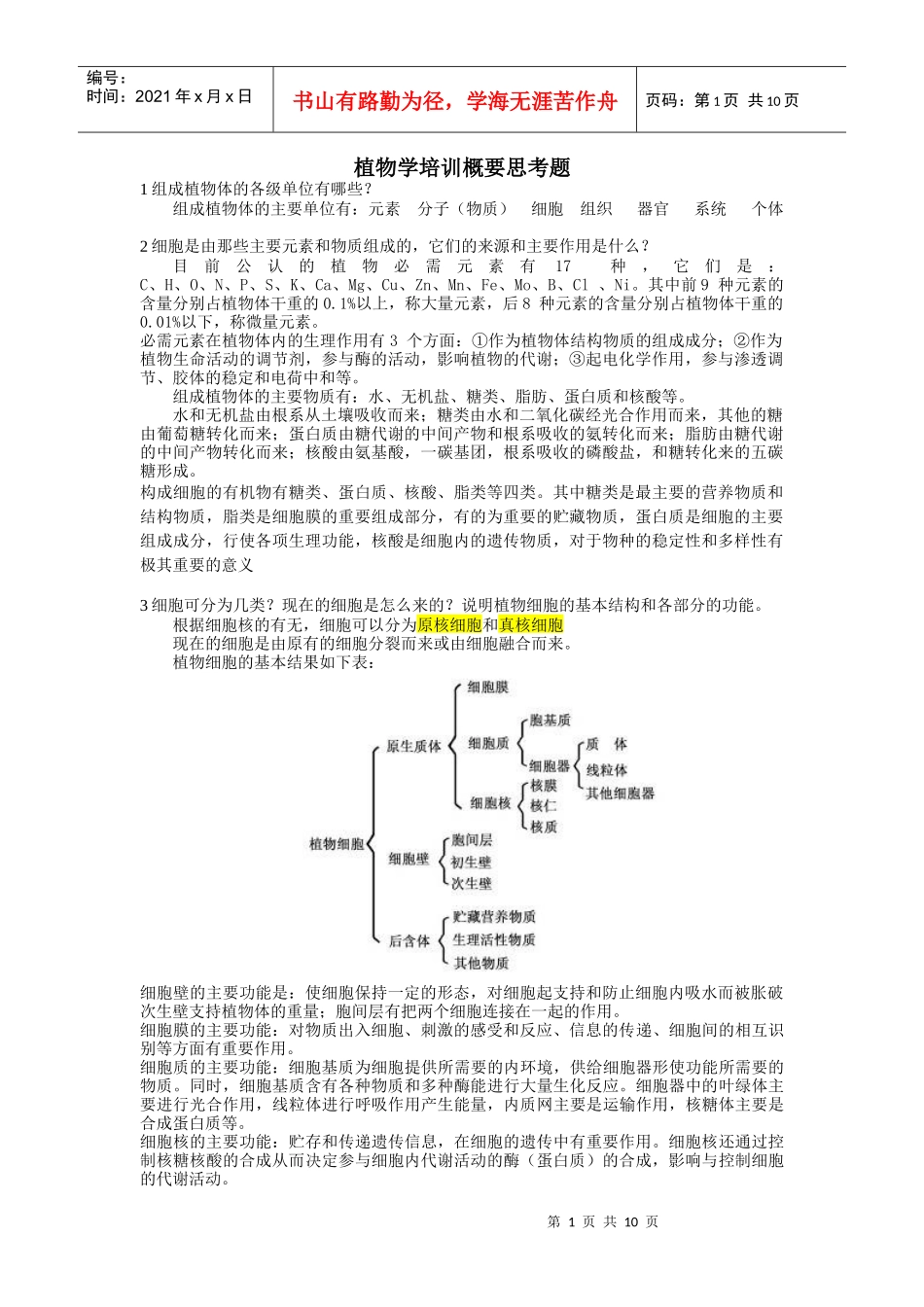 植物学培训概要思考题_第1页