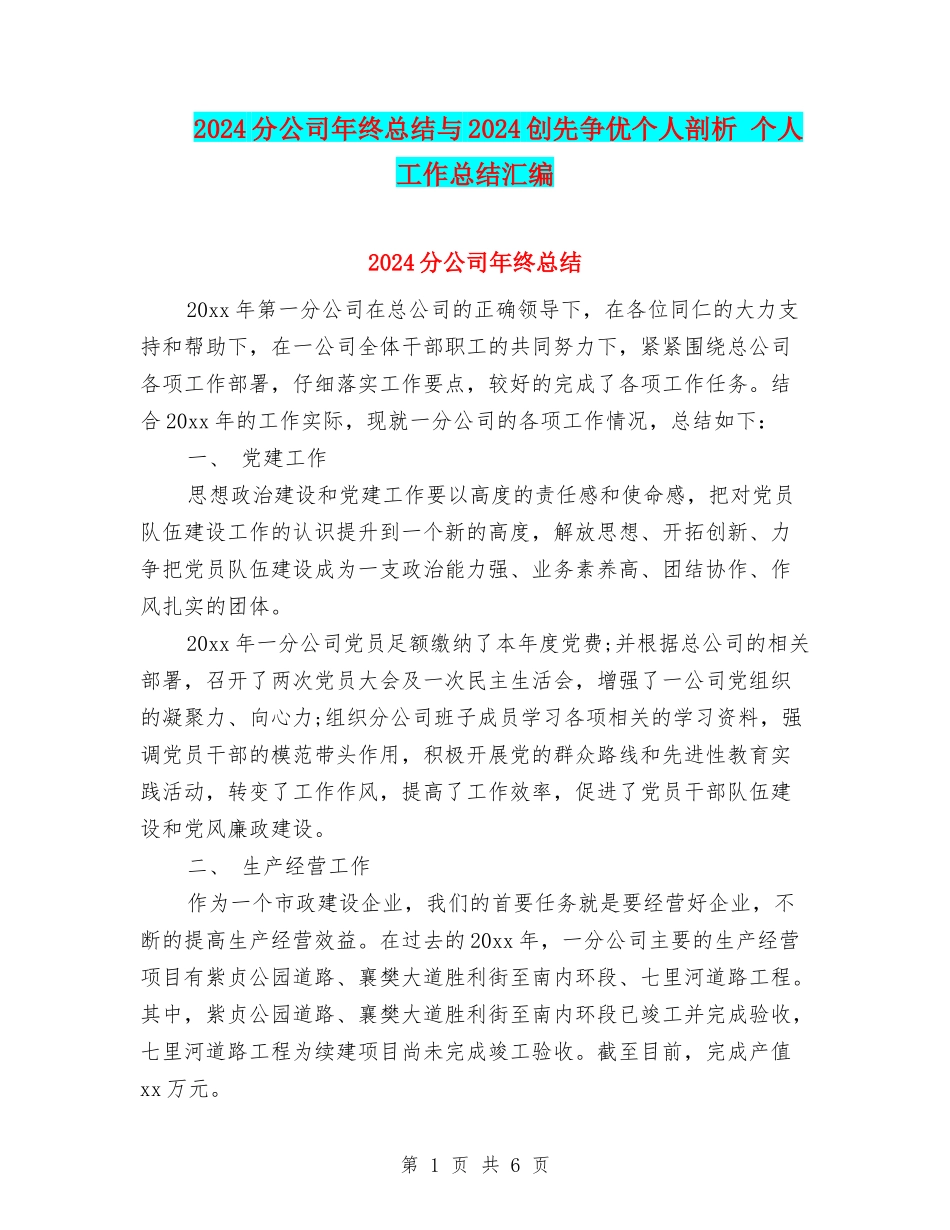 2024分公司年终总结与2024创先争优个人剖析-个人工作总结汇编_第1页