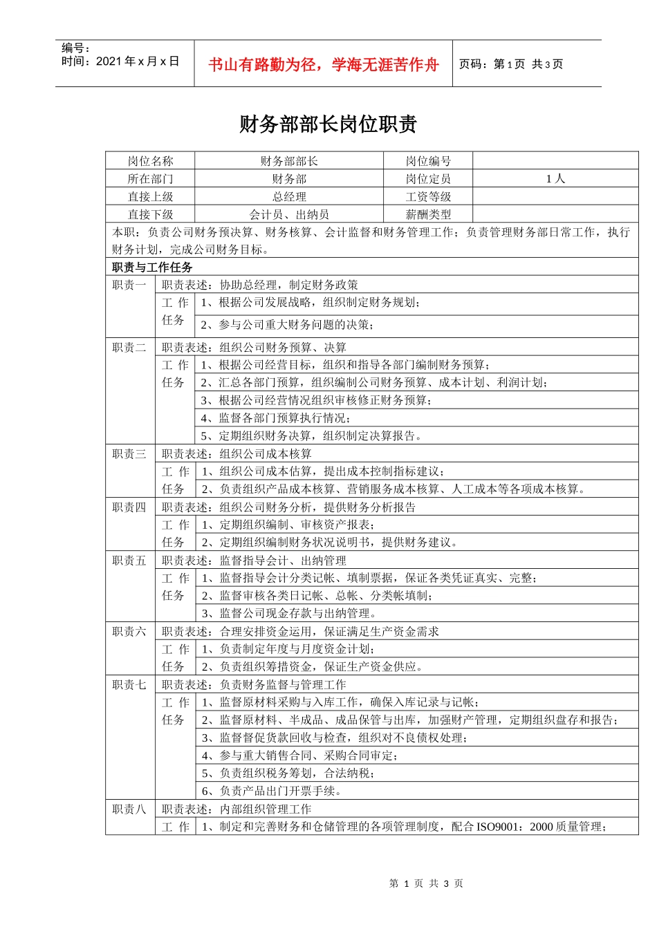 经营管理类-财务部部长岗位职责说明书_第1页