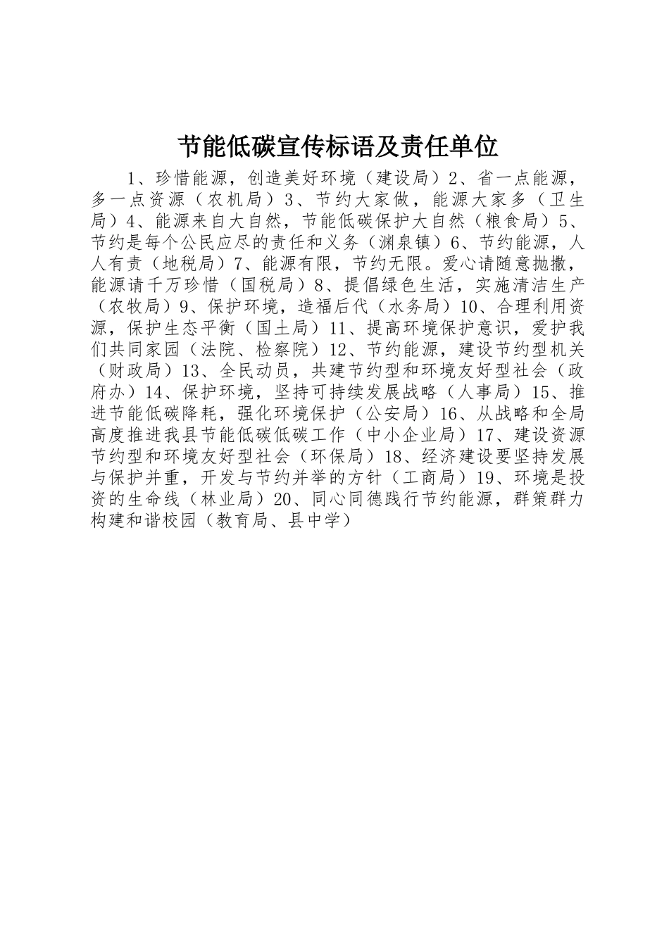 节能低碳宣传标语大全及责任单位_第1页