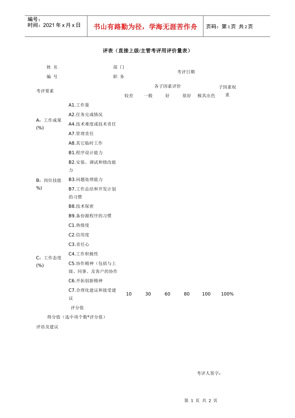 评表（直接上级主管考评用评价量表）_第1页