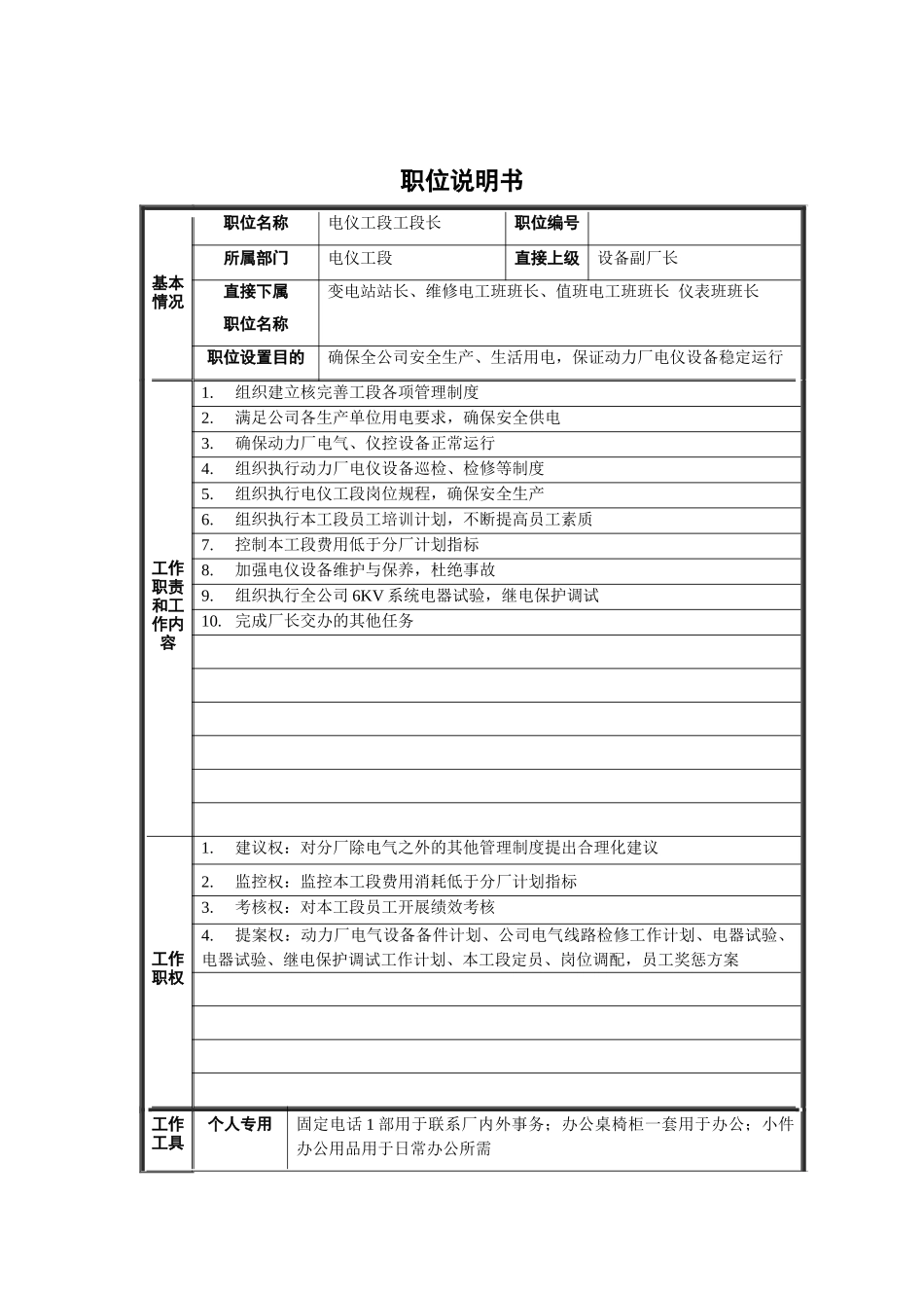 电仪工段工段长职位说明书_第1页