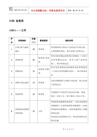 某粮油工业公司贸易部业务员岗位绩效考核指标
