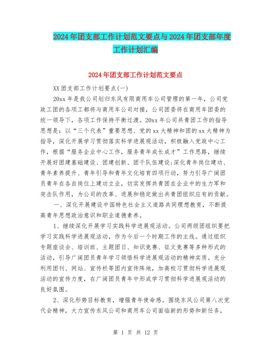 2024年团支部工作计划范文要点与2024年团支部年度工作计划汇编_第1页
