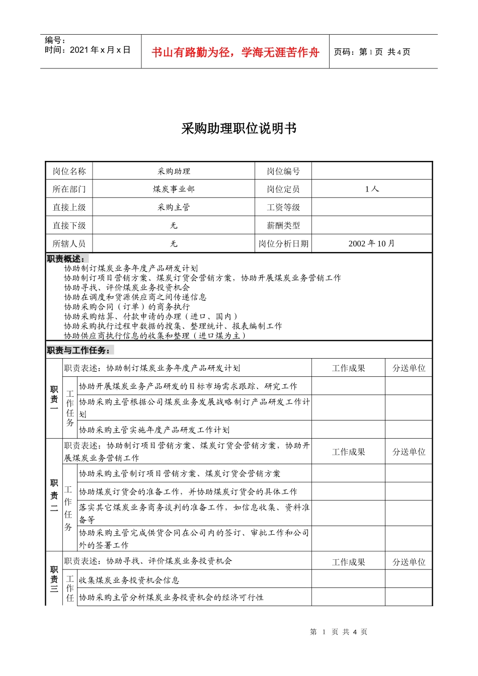 煤炭行业-集团公司-事业部-采购助理岗位说明书_第1页