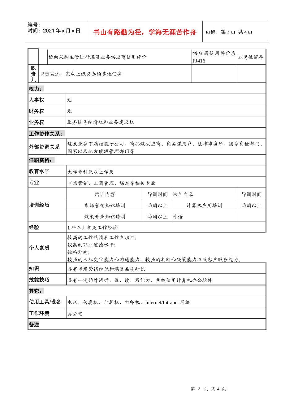 煤炭行业-集团公司-事业部-采购助理岗位说明书_第3页