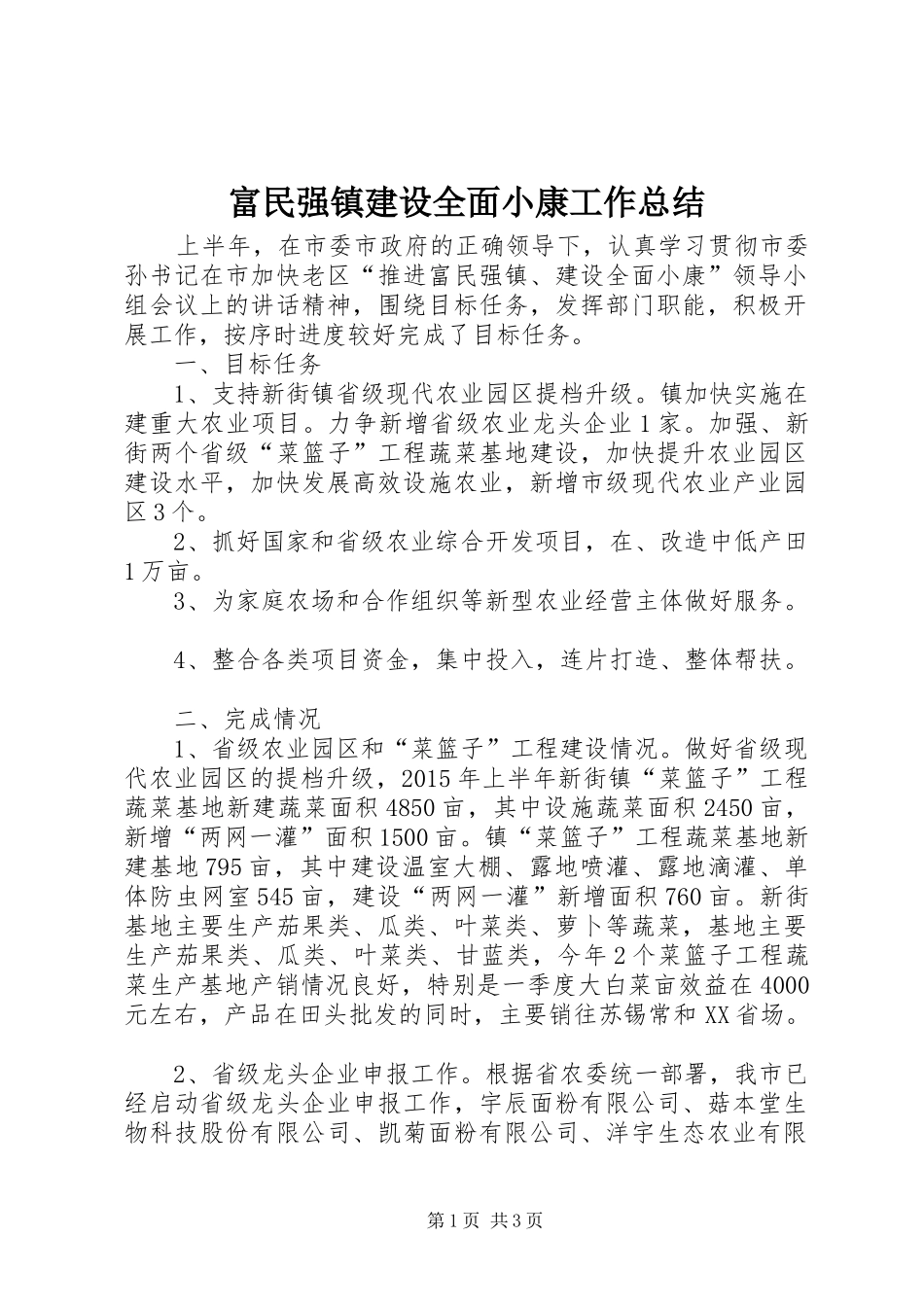 富民强镇建设全面小康工作总结_第1页