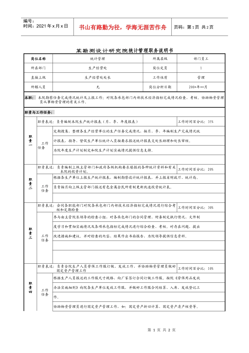 某勘测设计研究院统计管理职务说明书_第1页