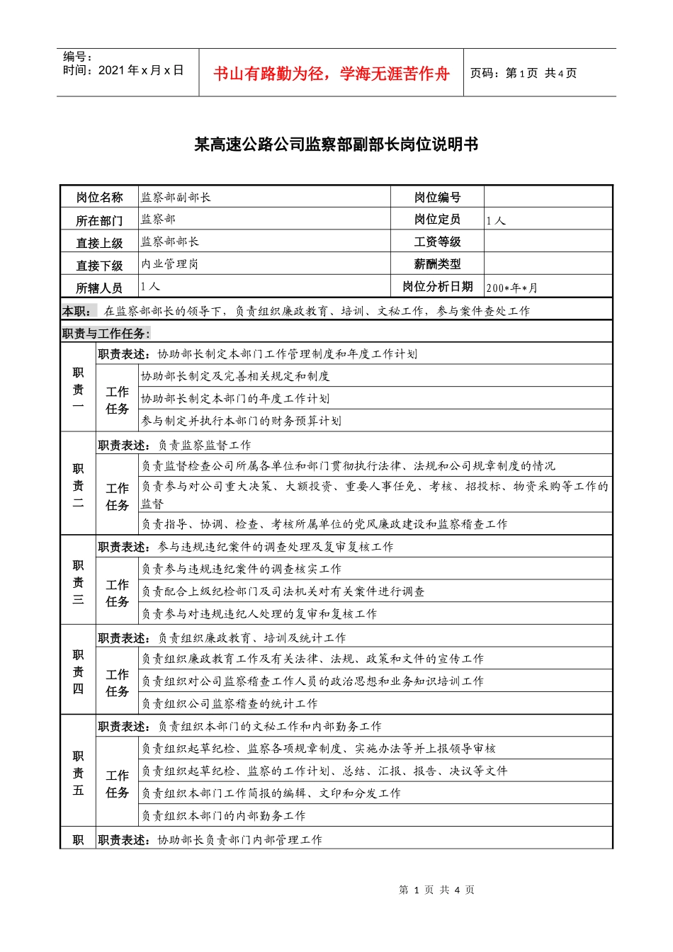 某高速公路公司监察部副部长岗位说明书_第1页