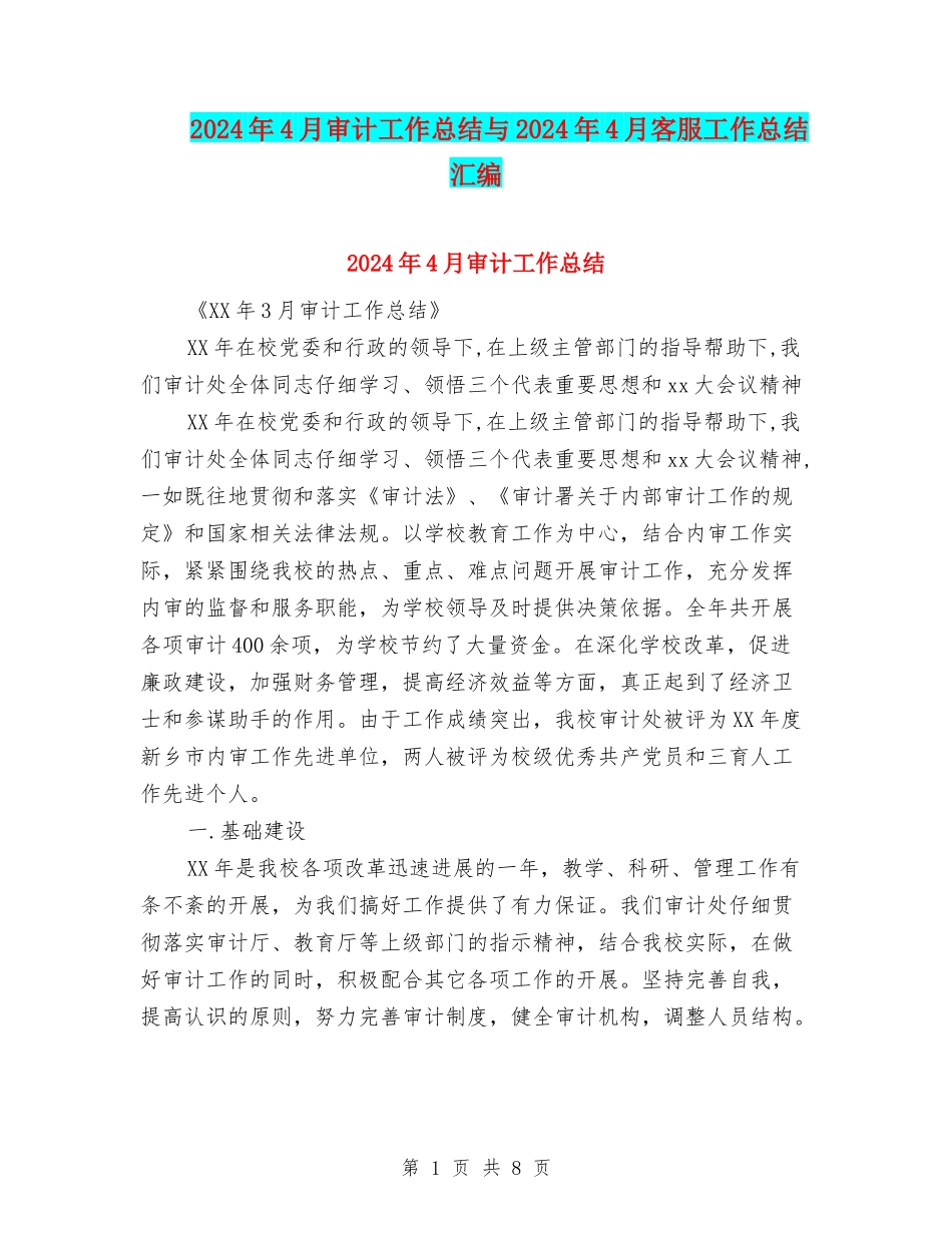 2024年4月审计工作总结与2024年4月客服工作总结汇编_第1页