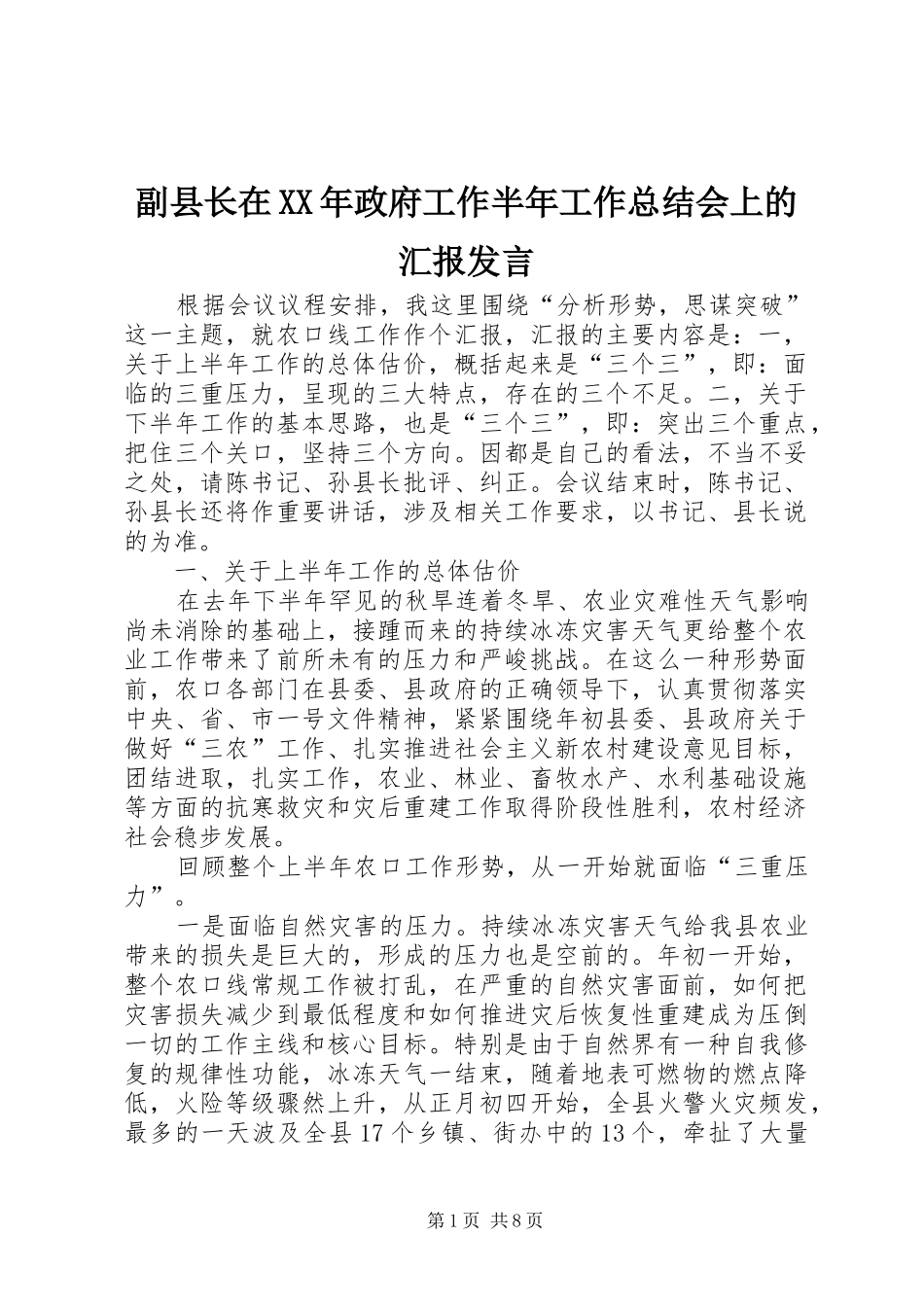 副县长在XX年政府工作半年工作总结会上的汇报发言_第1页