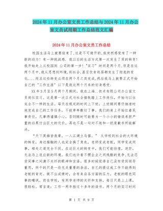 2024年11月办公室文员工作总结与2024年11月办公室文员试用期工作总结范文汇编