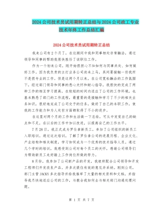 2024公司技术员试用期转正总结与2024公司政工专业技术年终工作总结汇编