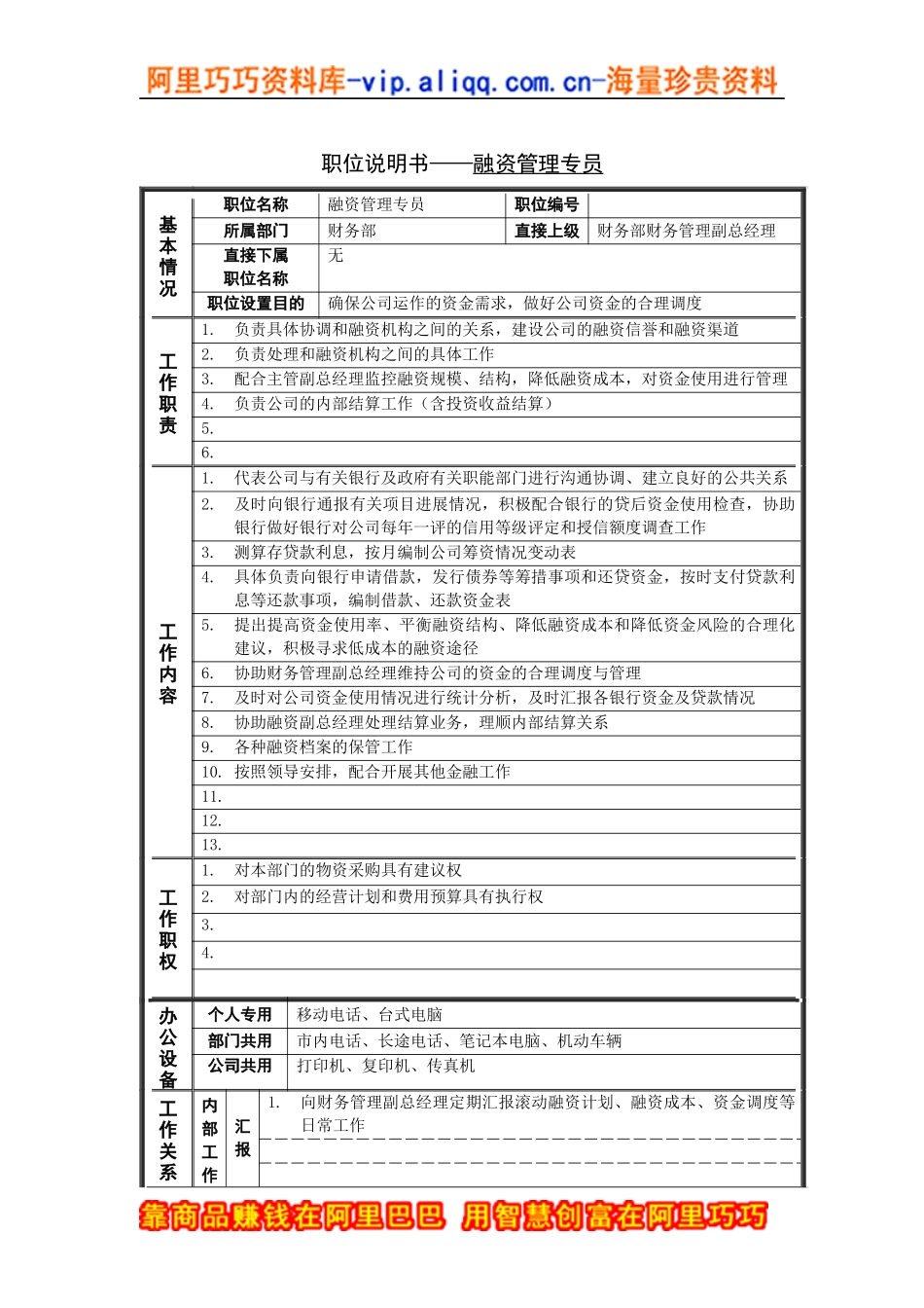 融资管理专员岗位说明书_第1页