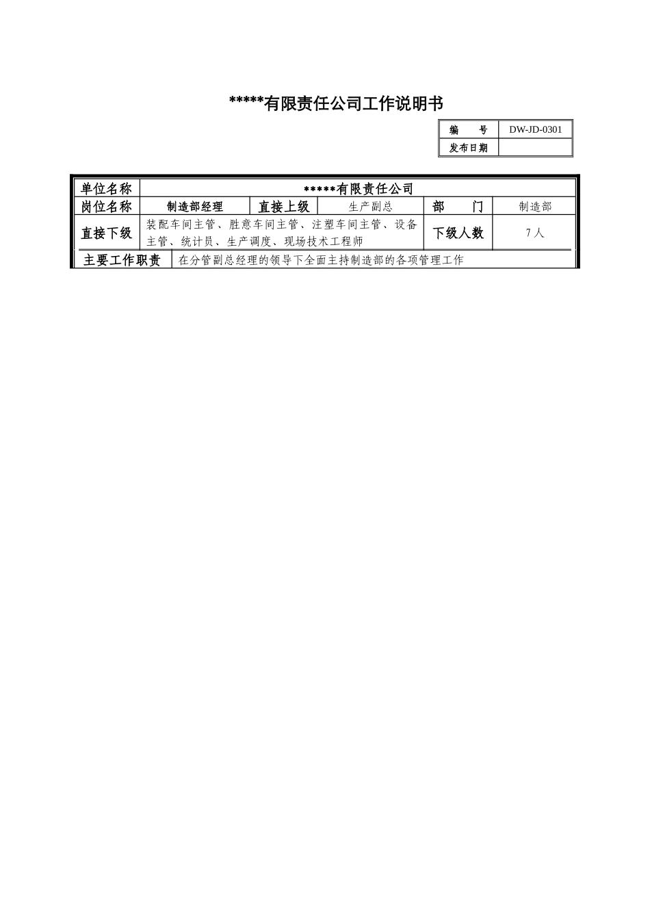 某中型制造业制造部经理岗位说明书及KPI指标_第1页
