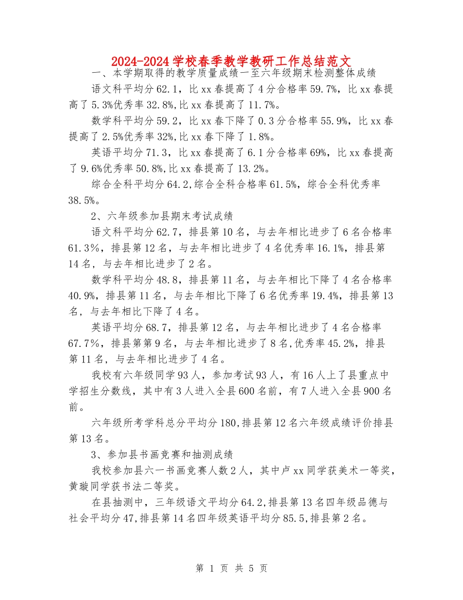 2024-2024小学春季教学教研工作总结范文_第1页