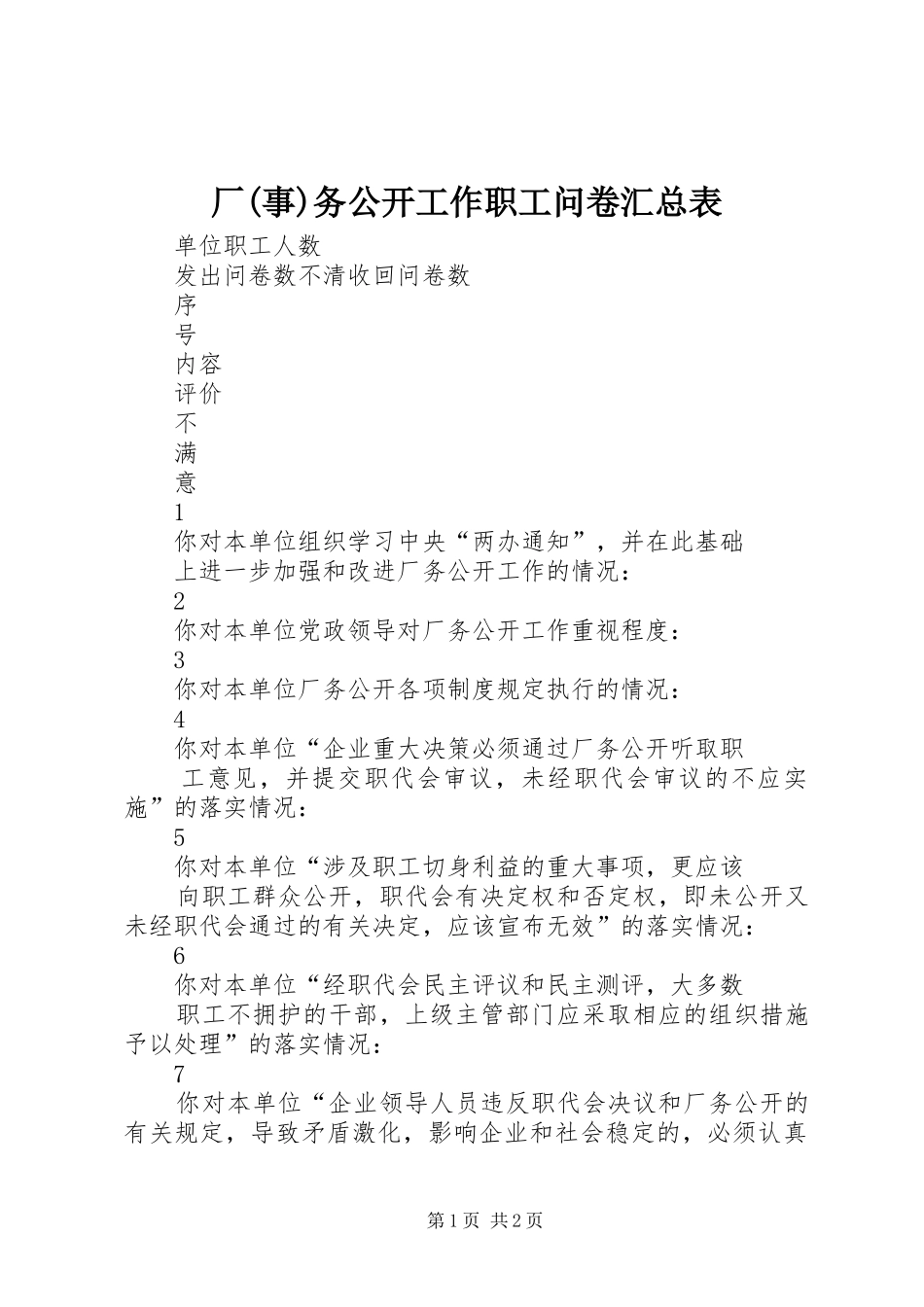 厂(事)务公开工作职工问卷汇总表_第1页