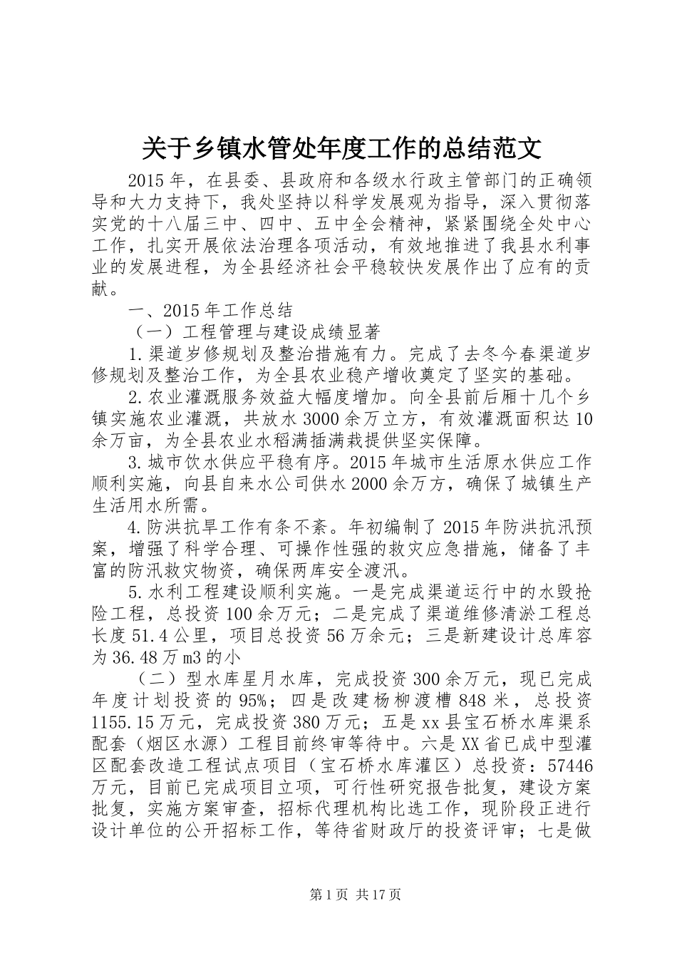 关于乡镇水管处年度工作的总结范文_第1页