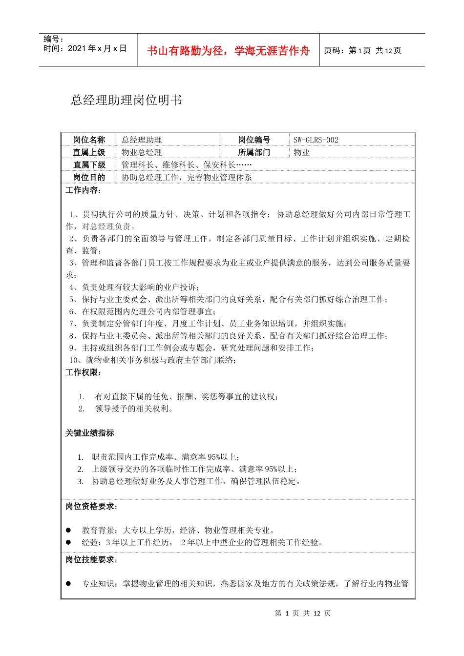 总经理助理岗位说明书_第1页