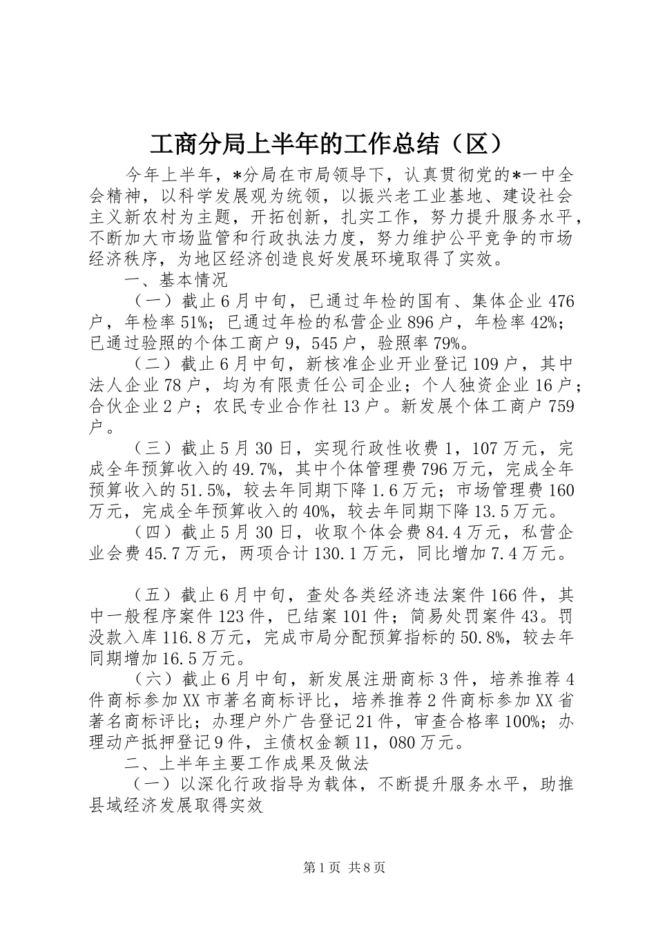 工商分局上半年的工作总结（区）_第1页