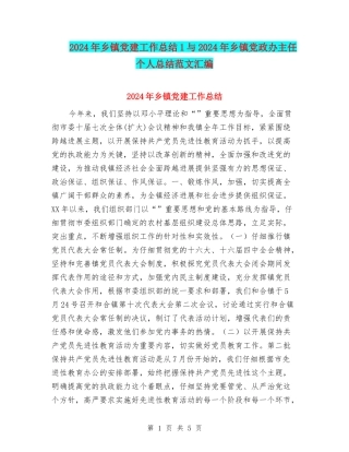 2024年乡镇党建工作总结1与2024年乡镇党政办主任个人总结范文汇编