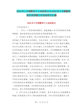 2024年3月预算员个人总结范文与2024年3月麻醉科医生试用期工作总结范文汇编