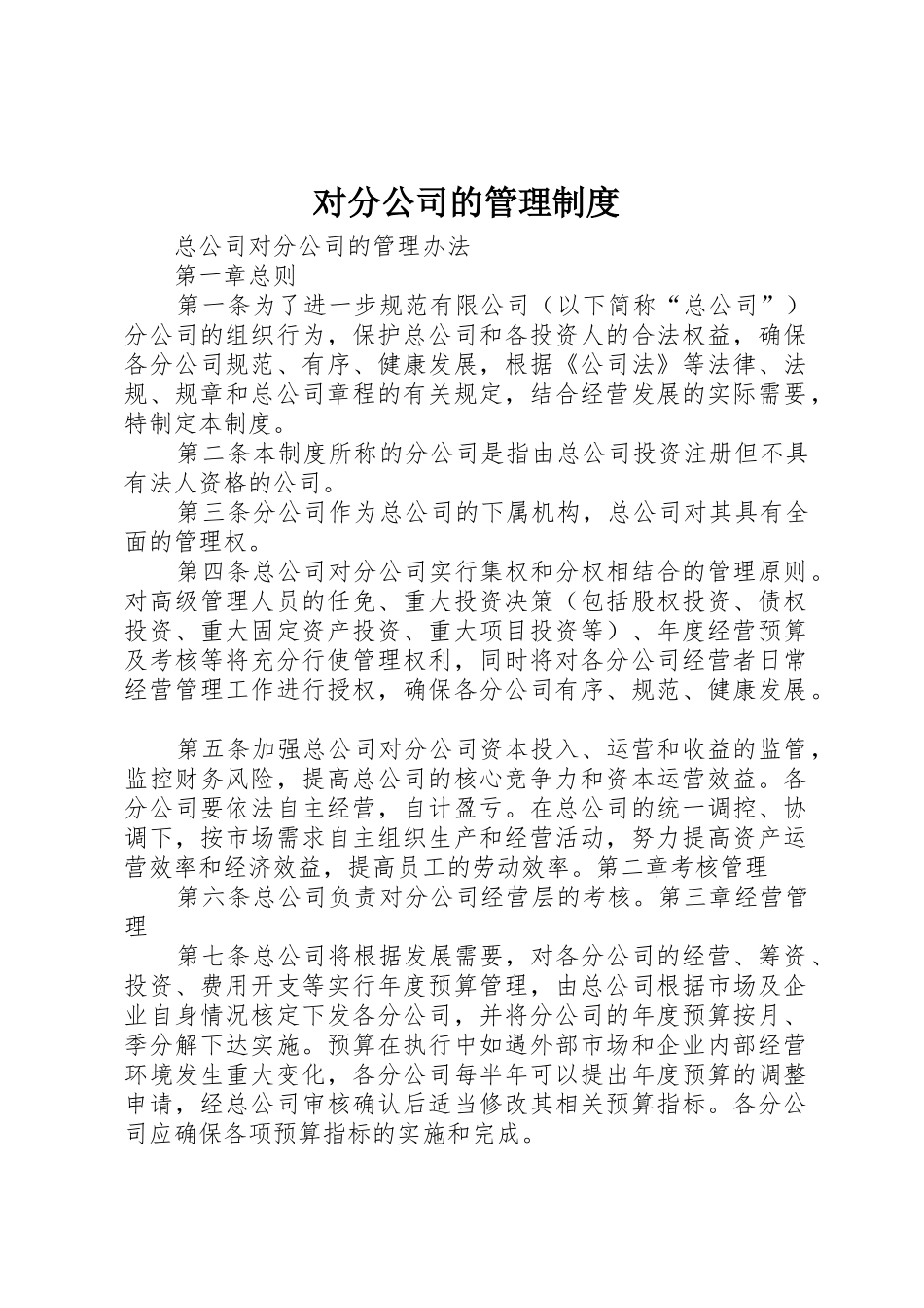 对分公司的管理规章制度 _第1页