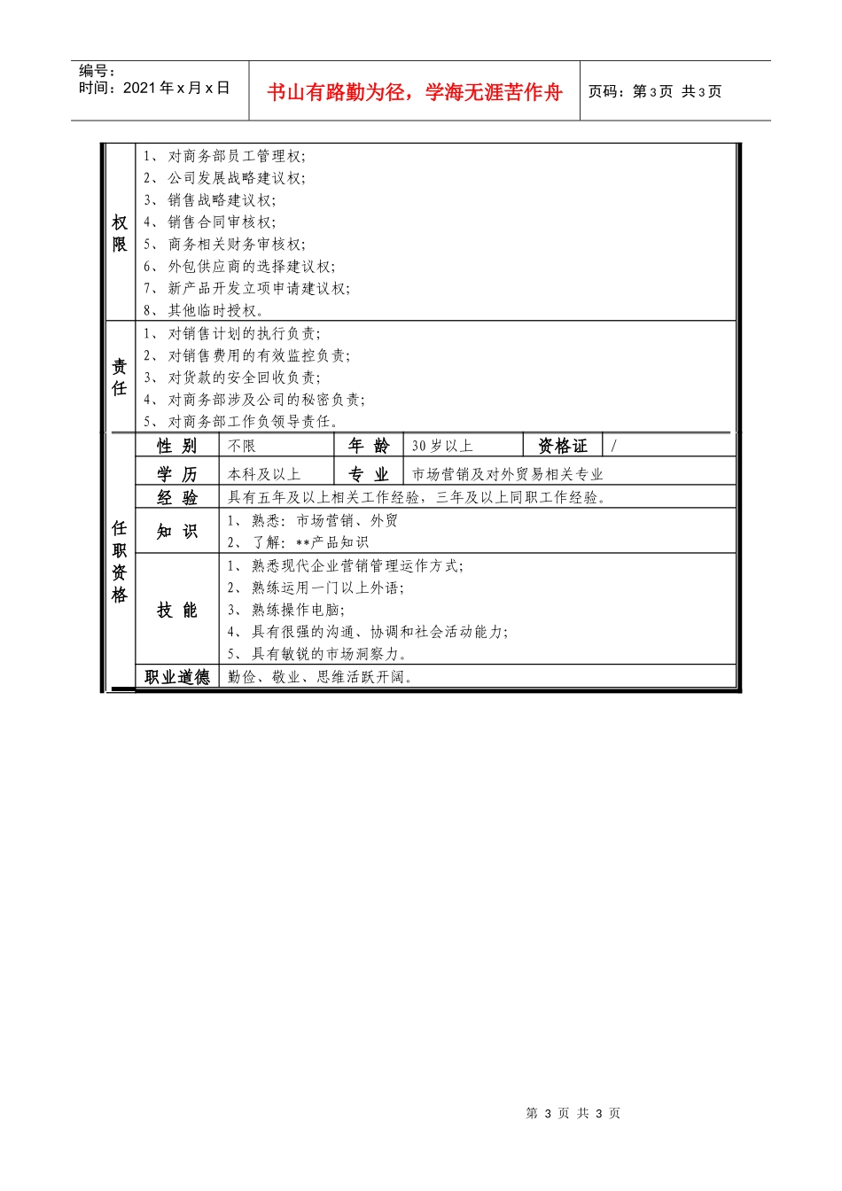 某中型制造业商务部经理岗位说明书_第3页