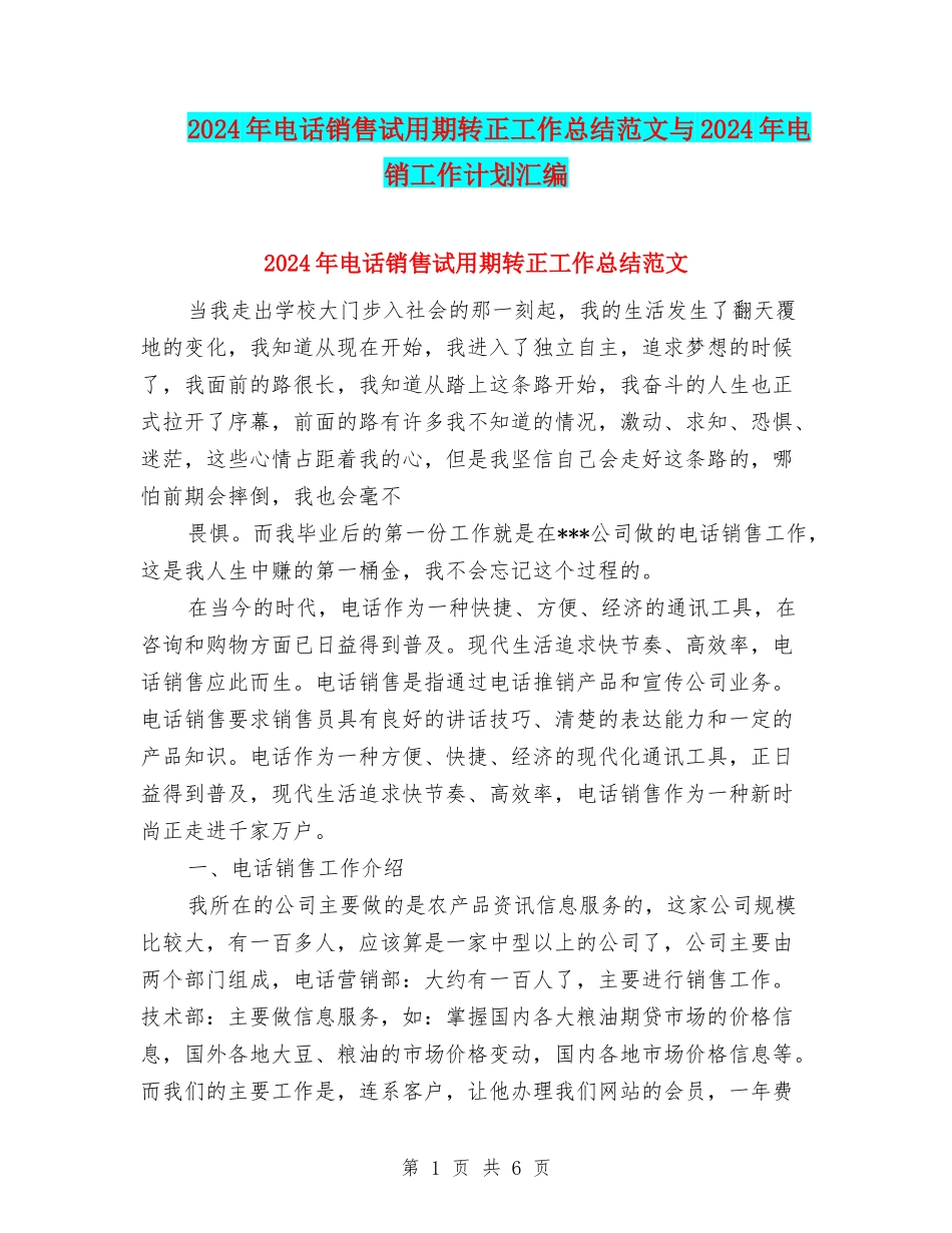 2024年电话销售试用期转正工作总结范文与2024年电销工作计划汇编_第1页