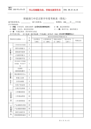 职能部门中层正职半年度考核表（简化）